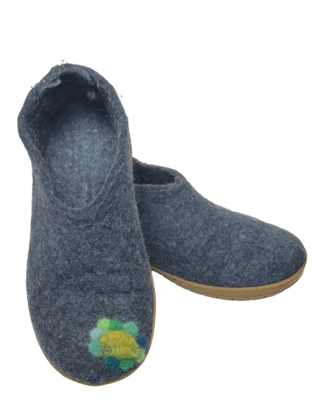 Glerups Denim Blue Felted Wool Slip-On Slippers Rubber Sole Size 37 Appliqué